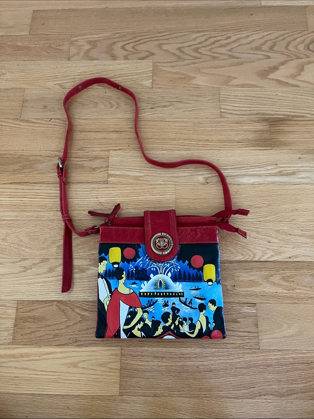Red Crossbody Bag with Illustrated Panel
